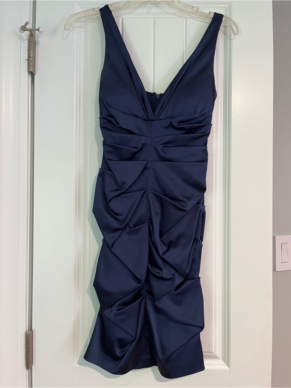 Xscape Navy Sleeveless Ruched V-Neck Midi Dress